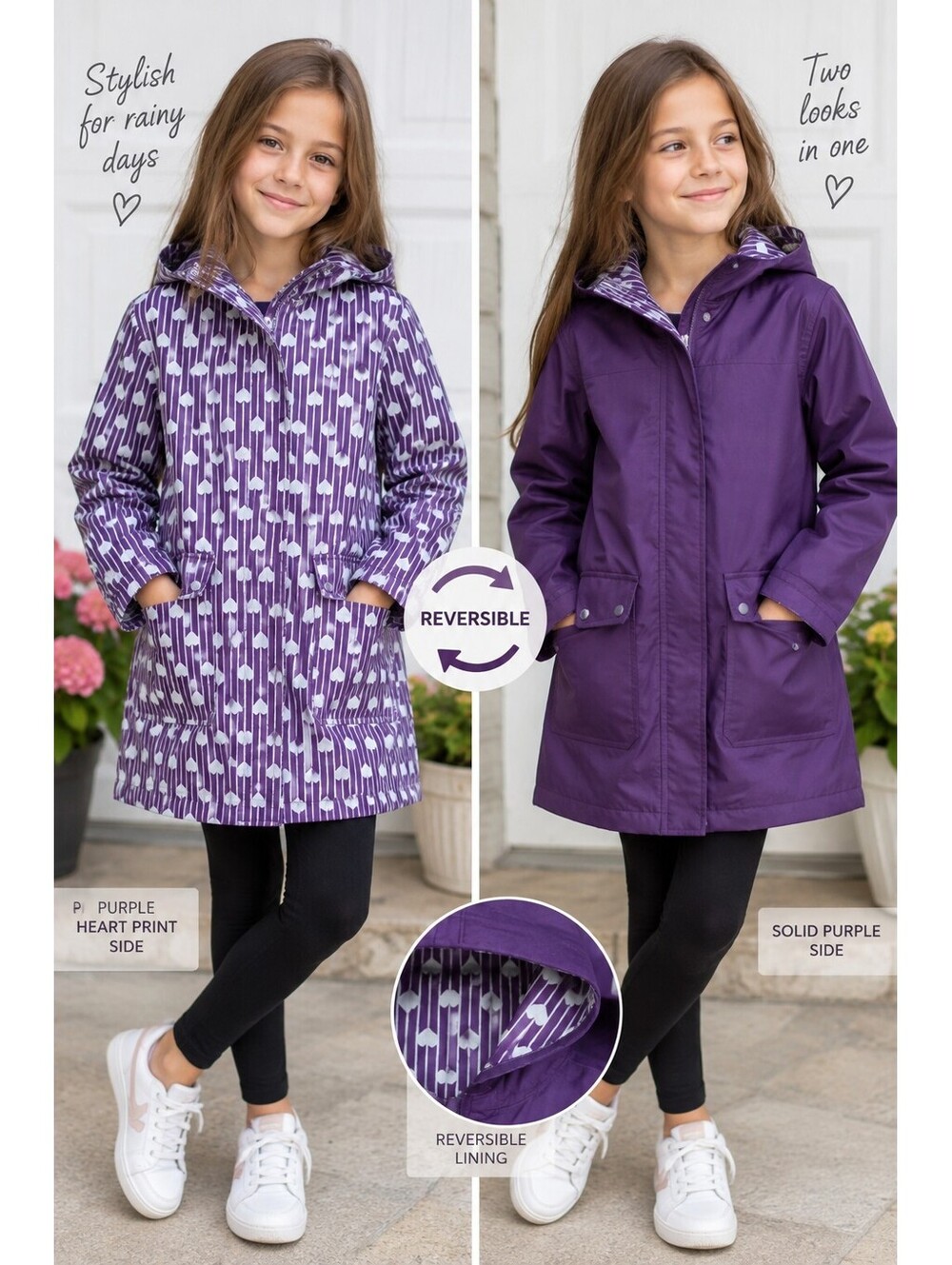 Kids Reversible Raincoat 8–10Y Purple Heart Print